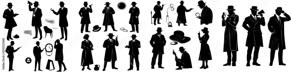 Detectives investigating various cases at different times of the day in a stylish black and white collection Detectives investigating various cases at different times of the day in a stylish black and white collection