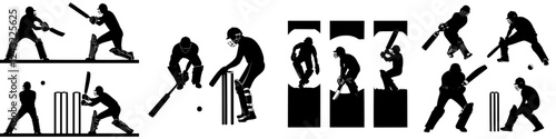 Different cricket batting positions and techniques illustrated in silhouette across a dynamic urban backdrop