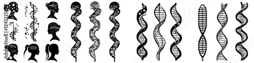 Creative silhouettes of women and DNA strands showcasing diversity and complexity of nature and identity in art