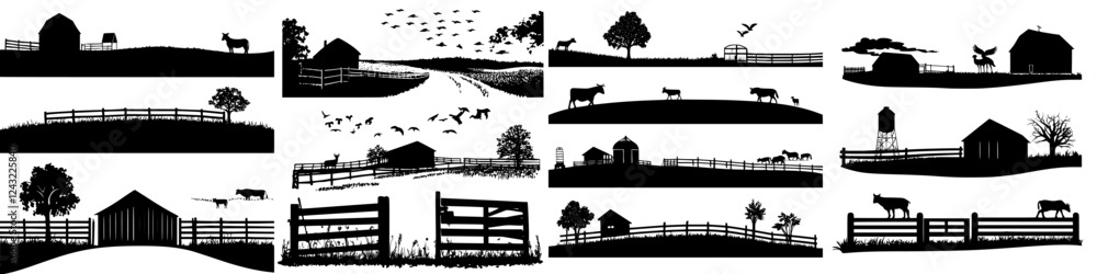Fototapeta premium Silhouettes of rural life with farms, animals, and landscapes illustrating tranquil countryside scenes