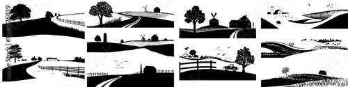 Landscape silhouettes showcase rural charm with winding roads, trees, and farms at dusk across various country settings