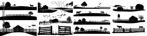 Silhouettes of rural life with farms, animals, and landscapes illustrating tranquil countryside scenes