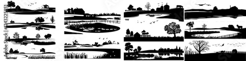 Silhouette collection featuring serene landscapes with water bodies, trees, and wildlife in a peaceful rural setting