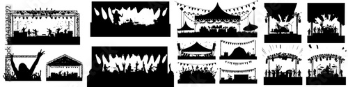 Exciting crowds celebrate at a lively outdoor music festival with multiple stages and festive decorations in a vibrant atmosphere