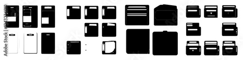 Various wallet and phone case silhouettes arranged in a grid layout on a white background showcasing different styles and designs