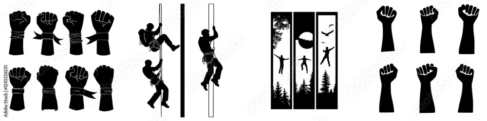 Visual representation of different hand positions and climbing techniques in outdoor adventure activities Visual representation of different hand positions and climbing techniques in outdoor adventure activities