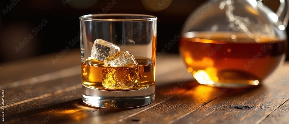 Whiskey Decanter, Ice, Wood, Elegant Drink Whiskey Decanter, Ice, Wood, Elegant Drink