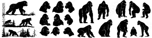 Silhouettes of gorillas showcasing various poses in a natural setting with plants and trees in the background