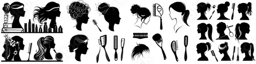 Creative hairstyles and tools displayed with various elegant silhouettes of women, capturing beauty and style inspiration