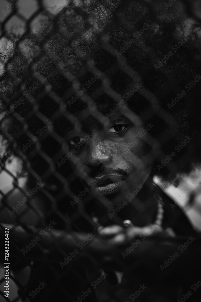 Young man with afro hairstyle posing behind a metal fence Young man with afro hairstyle posing behind a metal fence