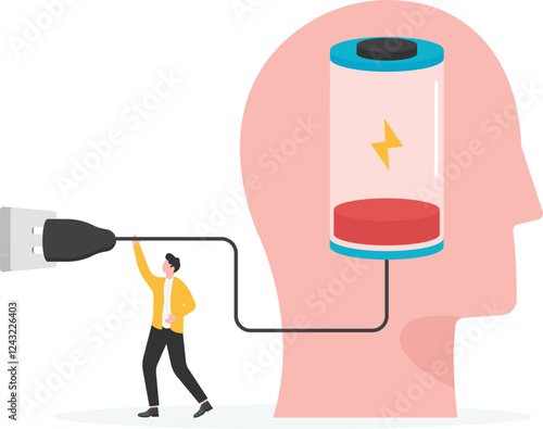 Illustration of men changing batteries of human brain


