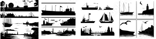 Maritime silhouettes showcase boats, lighthouses, and coastal landscapes during sunset along the harbor