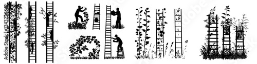 Various silhouettes of people gardening with ladders and plants in a lush outdoor setting during daylight