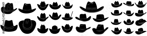 Various styles of cowboy hats displayed in a creative arrangement showcasing Western fashion