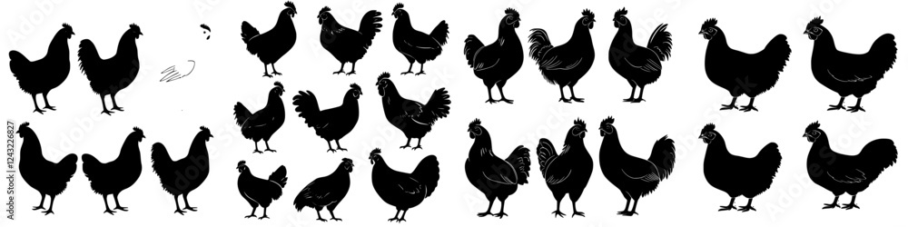 Fototapeta premium Various silhouettes of chickens against a plain background showcasing different postures and sizes during a visual study of poultry behavior