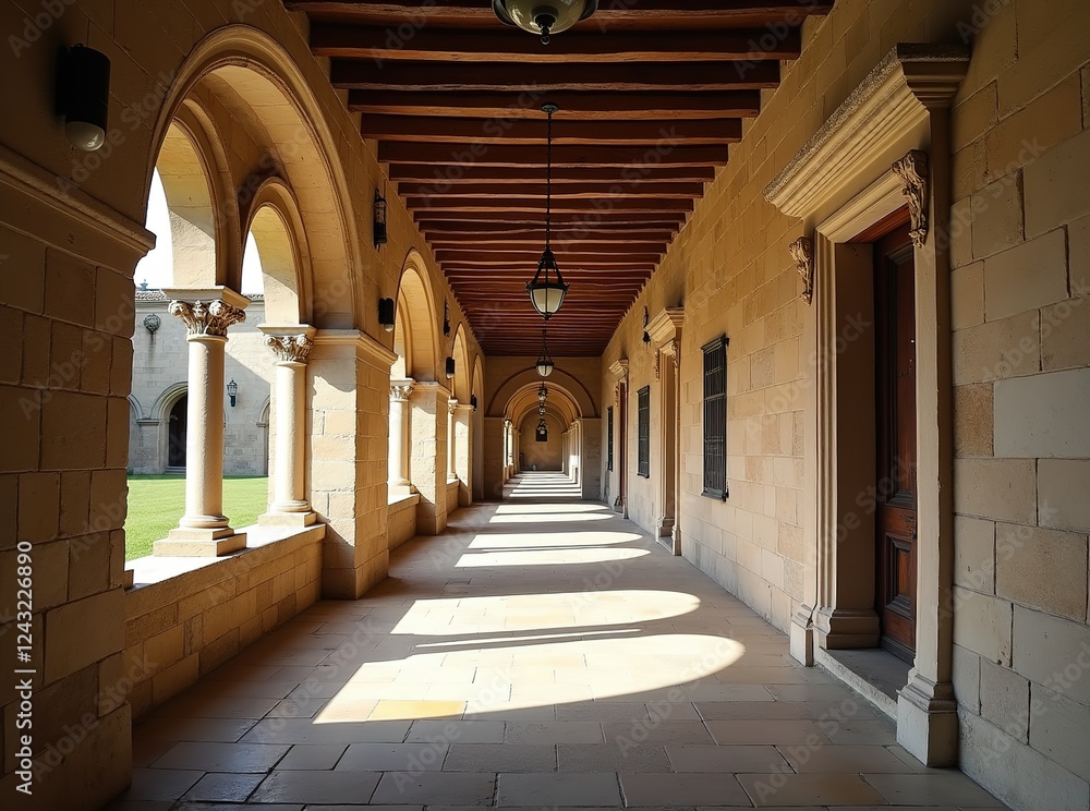 Fototapeta premium Sun-drenched Ancient Cloister, Architectural Beauty