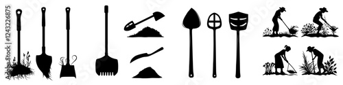 Gardening tools and silhouettes of gardeners working in a lush landscape during daylight hours