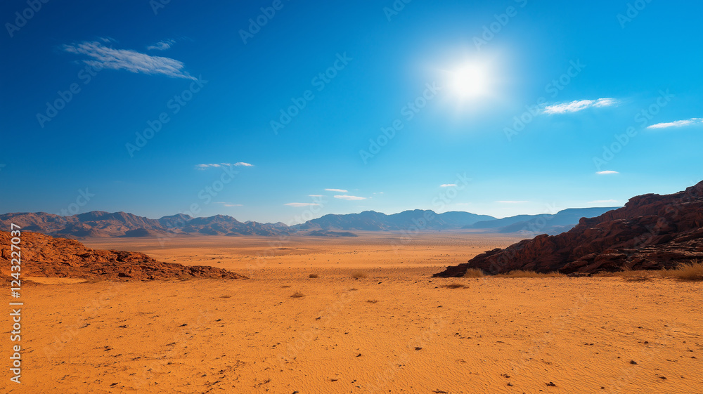 Fototapeta premium vast desert landscape with orange sand, rocky formations, and bright blue sky. sun shines brightly over distant mountains, creating serene and expansive atmosphere