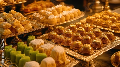 Golden dessert buffet, event, pastries, sweets, luxury, celebration,  table, food photo