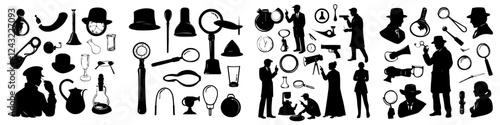 Silhouettes of detectives engaging in various investigative activities with vintage props and tools