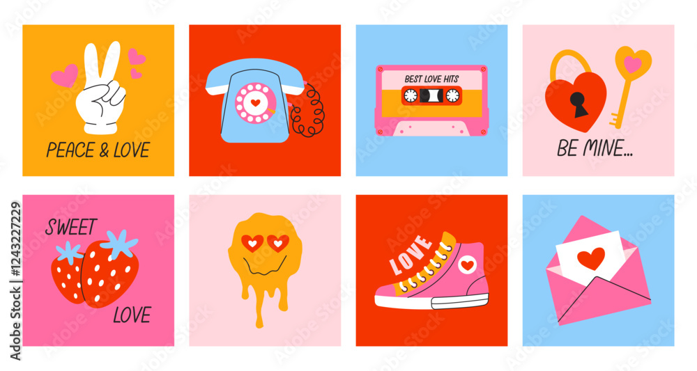 Fototapeta premium Set cards for Valentines Day in retro trendy style 90s. Romantic and love elements. Bright minimalist posters. Vector decor of print and postcards