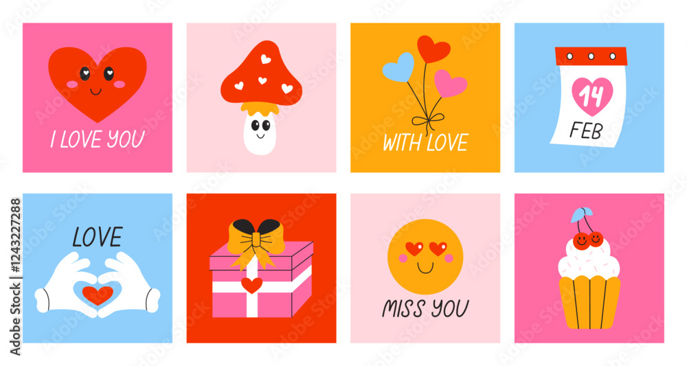 Set cards for Valentines Day in retro trendy style 90s. Romantic and love elements. Bright minimalist posters. Vector decor of print and postcards Set cards for Valentines Day in retro trendy style 90s. Romantic and love elements. Bright minimalist posters. Vector decor of print and postcards