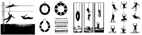 Collection of rescue silhouettes illustrating various water safety and lifesaving techniques