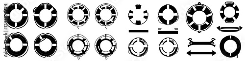 Collection of lifebuoy designs for safety and rescue applications at various maritime settings