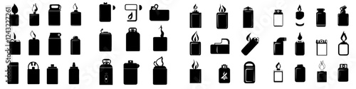 Collection of various lighter designs and types, showcasing flames and ignition mechanisms in a minimalist style