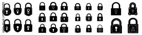 Collection of diverse padlock designs showcasing various shapes and styles in a minimalist black and white layout