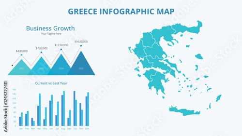 Business Growth Infographic Map of Greece. Vector Map of a global map in the form of regions of Greece. Infographic timeline. Easy to edit