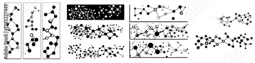 Artistic representation of molecular structures displayed in a creative layout with contrasting colors and diverse shapes