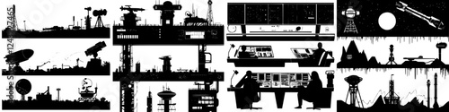 Silhouetted industrial landscape showcases technology and communication systems in an advanced control room at dusk