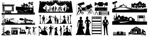 Silhouettes of a lively film festival showcasing various activities and performances at an outdoor venue