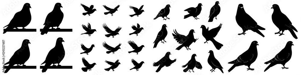 Various silhouettes of birds captured in flight and perched, showcasing diverse species and wing positions Various silhouettes of birds captured in flight and perched, showcasing diverse species and wing positions