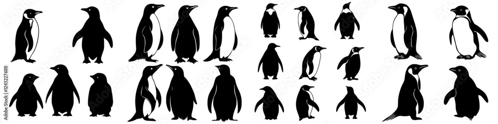 Obraz premium Collection of various penguin silhouettes displayed in black and white with differing poses and sizes