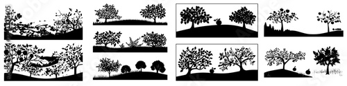 Silhouette illustrations of trees and nature scenes in various arrangements showing diverse landscapes and plant life