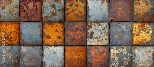 Abstract arrangement of weathered metal tiles showcasing texture and color variation in an urban environment photo