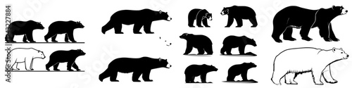 Various bear silhouettes showcasing different sizes and postures in natural settings