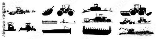 Various agricultural machines and equipment in silhouette showcasing rural farming activities and land cultivation techniques