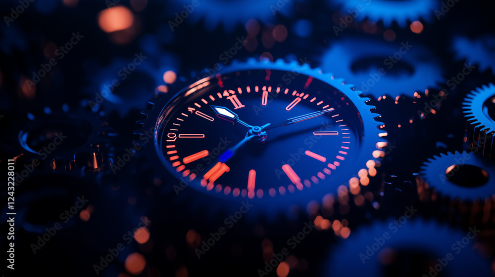 Steampunk clock with gears, blue and orange lighting, intricate design, mechanical elements, vintage style, artistic composition, timepiece, close up view, industrial aesthetic, fantasy theme Steampunk clock with gears, blue and orange lighting, intricate design, mechanical elements, vintage style, artistic composition, timepiece, close up view, industrial aesthetic, fantasy theme
