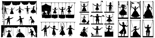 Silhouettes of performers engaging in various activities at a theater or carnival event during the evening