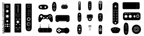 Collection of various remote controls and gaming devices arranged in a creative pattern