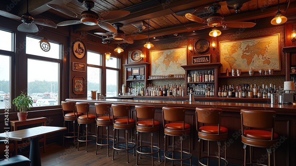 Fototapeta premium Retro Aviation Bar - Propeller Ceiling Fans & Airplane Seats