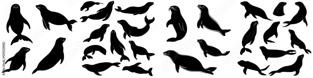 Fototapeta premium Multiple silhouettes of seals playing and lounging near the shore at sunset showcasing their natural behavior in the wild