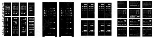 Various abstract black and white layouts showcasing digital display screens and data visualizations in a structured arrangement