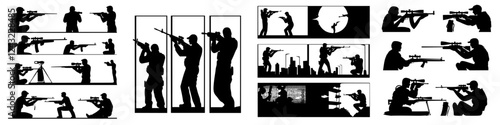 Silhouetted figures engaged in rifle training and precision shooting at various locations and time periods