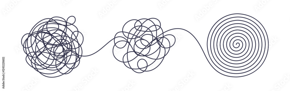 Chaos and order business concept flat style design vector illustration isolated on white background. Tangled disorder turns into spiral order line, find solution. Coaching, mentoring or psychotherapy. Chaos and order business concept flat style design vector illustration isolated on white background. Tangled disorder turns into spiral order line, find solution. Coaching, mentoring or psychotherapy.