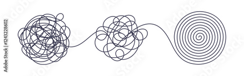 Chaos and order business concept flat style design vector illustration isolated on white background. Tangled disorder turns into spiral order line, find solution. Coaching, mentoring or psychotherapy.