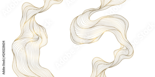 Vector gold wave line background, premium curve shape, glitter elegant template. Flow light design, ribbon banner